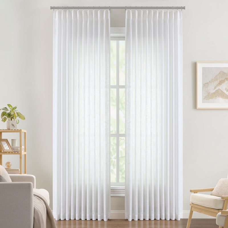 Vision Home White Pinch Pleated Semi Sheer Curtains Textured Light Filtering Window Curtains 112 inch for Living Room Bedroom Patio Rayon Blended Pinch Pleat Drapes with Hooks 1 Panel 60"" Wx112 L - Image 2